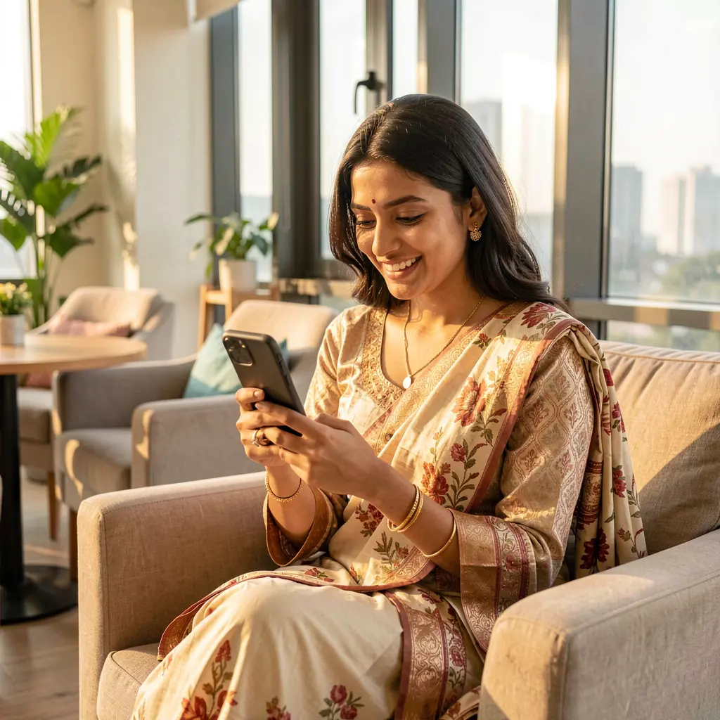 Young Bangladeshi woman smiling while browsing casino games on the 70OK app using her smartphone in a comfortable indoor setting