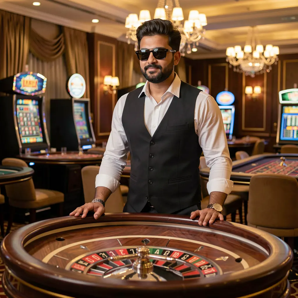 Confident casino dealer standing at a glowing roulette table inside a luxurious gaming hall, representing the premium live casino experience at 70OK for Bangladeshi players