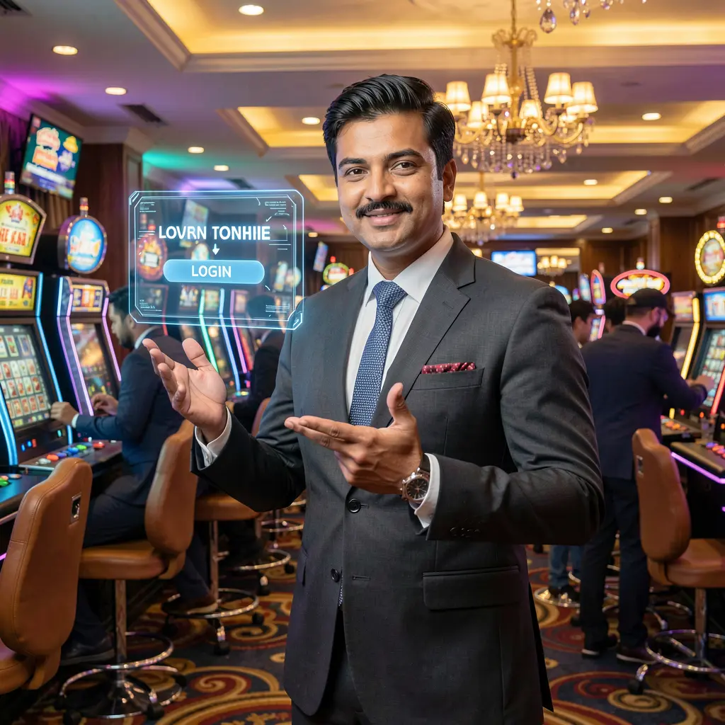 Confident Bangladeshi casino presenter pointing at a glowing floating login button in a vibrant casino scene on 70OK