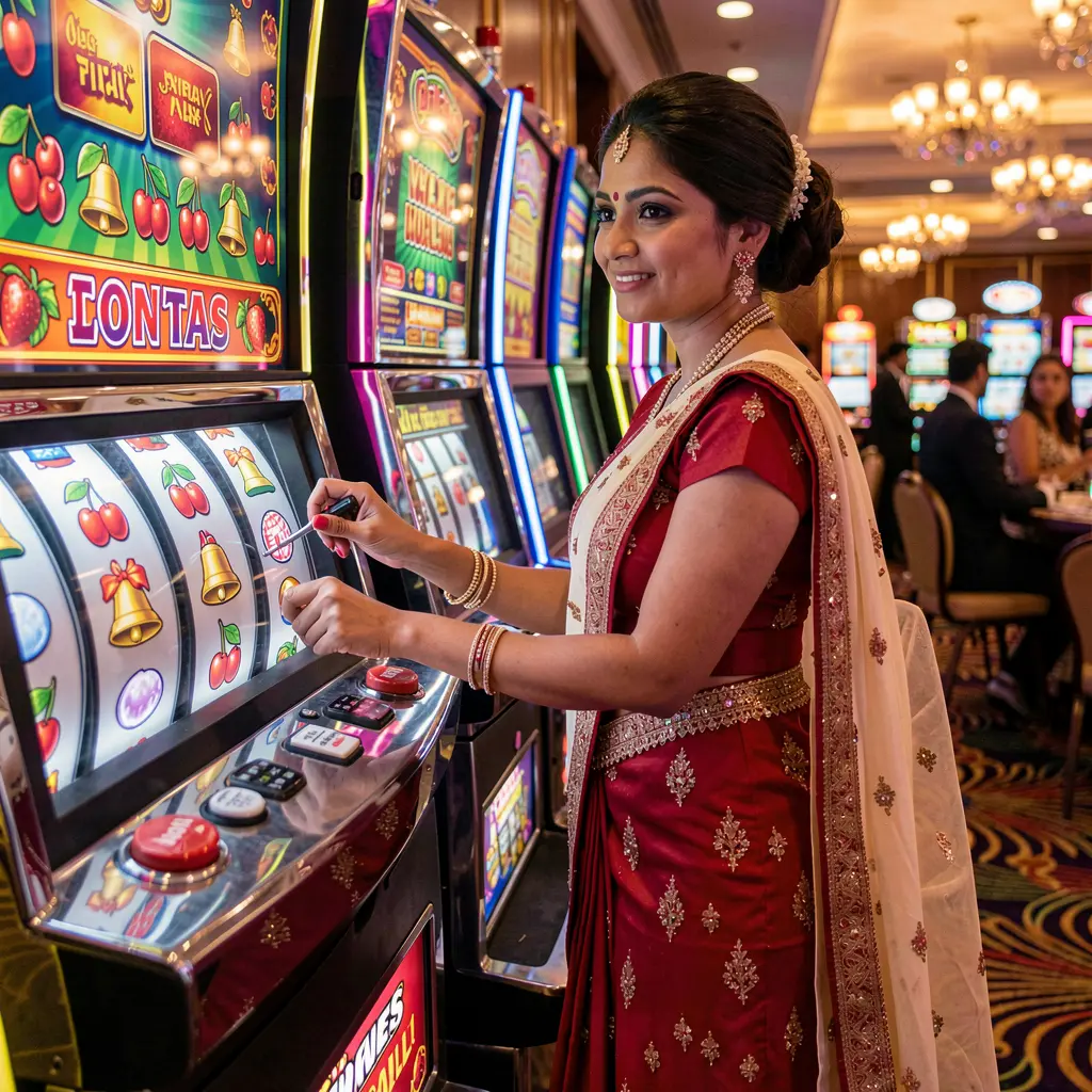 Elegant Bangladeshi woman in a luxurious evening gown playing a classic slot machine with glowing reels and cherries at 70OK casino